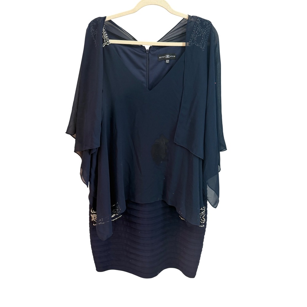 Betsy & Adam Navy Blue Popover Cape Dress Beaded Tiered Plus Size 20W NWOT